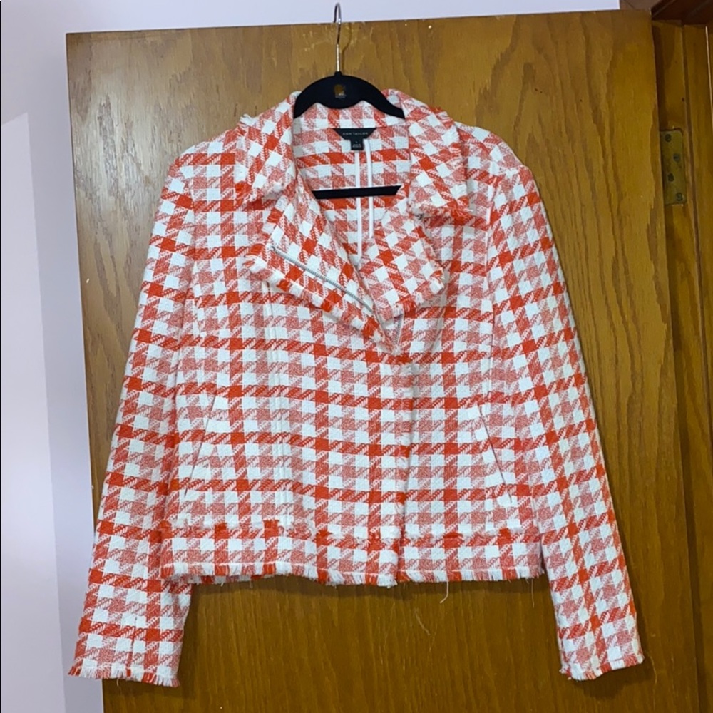 Ann Taylor orange houndstooth Moto style jacket